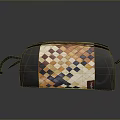 Woven Checkerboard Toiletry Bag In Orange Yellow Purple White With Dark Leather Body And Strap