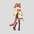 Anime Woman Dressed In Yellow Jacket Pink Skirt With Cat Ears Tail And Black Stockings