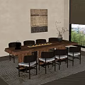 Quiet Style Dining Table and Chair Combination Antique Style Solid Wood Dining Table and Chair in Quiet Tea Room Tea Table and Chair Hanging Picture Rectangular 3d model