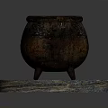 Rusty Iron Cauldron With Three Legs On Colorful Wooden Round Platform As Household Item