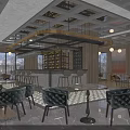 Elegant Modern Café Interior Design With Bar Counter Bookshelf Blue Chairs And Gold Lighting