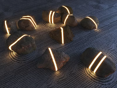 Beautiful Zen Garden Design Featuring Illuminated Stones and Raked Sand Patterns 3d model