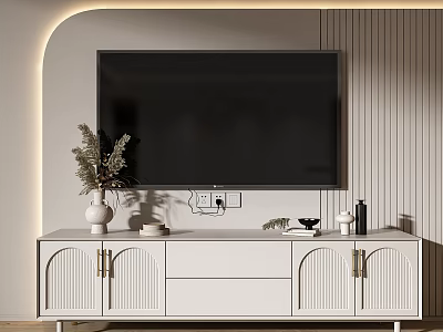 Modern White TV Stand with Cabinet Doors and Decorative Vase Under Wall Mounted TV 3d model