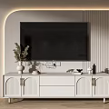 Modern White TV Stand with Cabinet Doors and Decorative Vase Under Wall Mounted TV