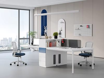 Modern Office Interior Design With Large Windows City View White Desk Blue Seats Green Plants 3d model