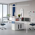 Modern Office Interior Design With Large Windows City View White Desk Blue Seats Green Plants