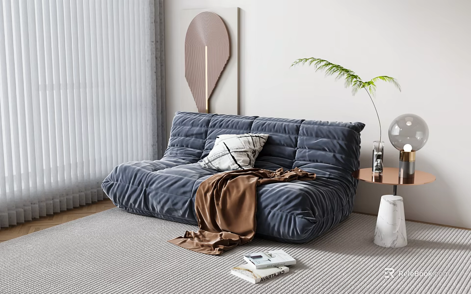 Blue Velvet Lazy Sofa with White Pillow Brown Blanket in Modern Living Room 3d model 