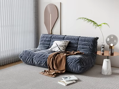 Blue Velvet Lazy Sofa with White Pillow Brown Blanket in Modern Living Room 3d model
