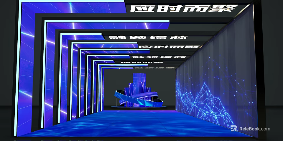 Futuristic Office Corridor With Blue Neon Lights Geometric Patterns And Modern Design 3d model 