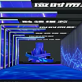 Futuristic Office Corridor With Blue Neon Lights Geometric Patterns And Modern Design