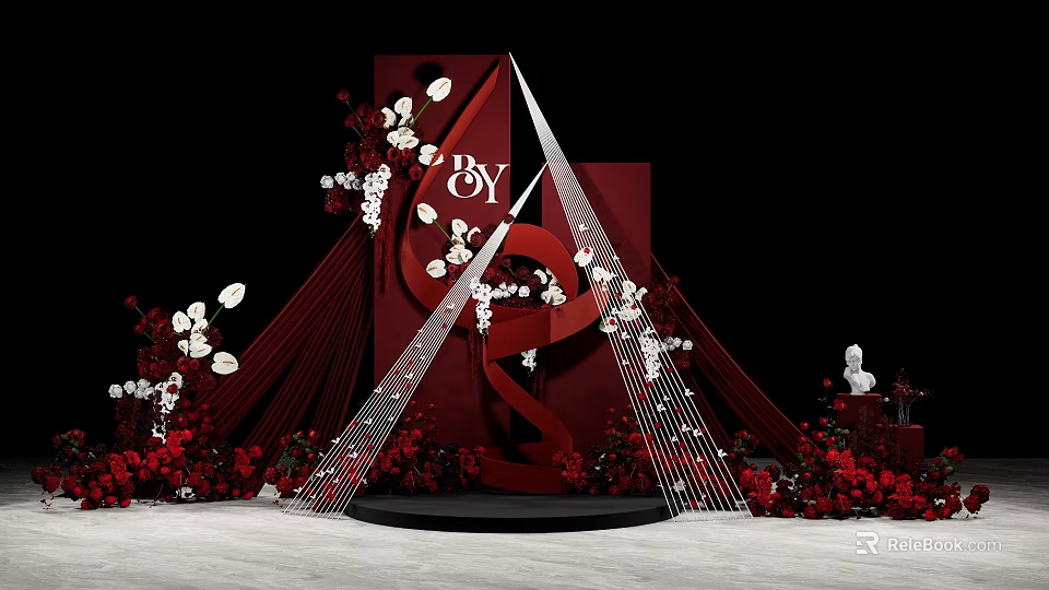 Red Themed Wedding Stage Decor With Musical Note And White Red Flowers 3d model 