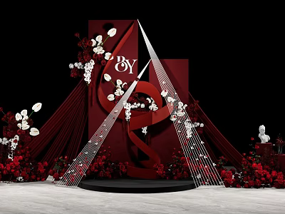 Red Themed Wedding Stage Decor With Musical Note And White Red Flowers 3d model