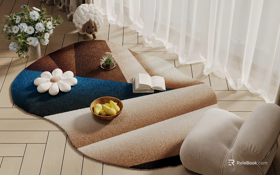 Stylish Multicolored Rug with Soft Pillows Green Plant and Fruit Bowl in Living Room 3d model 