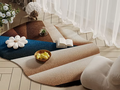 Stylish Multicolored Rug with Soft Pillows Green Plant and Fruit Bowl in Living Room 3d model