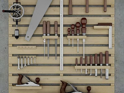 Various Hardware Tools Including Saw Wrenches Screwdrivers And Planes Neatly Hanging On Wooden Wall 3d model