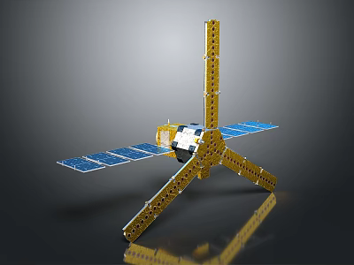 Detailed Spacecraft Model With Golden Frame Structure And Blue Solar Panels 3d model