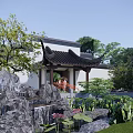 Traditional Chinese Garden Landscape With Pavilion Lotus Pond Stone Steps And Greenery
