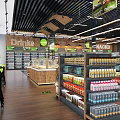 Well Organized Supermarket Interior with Product Shelves Bakery Counter Shopping Carts and Seating Area
