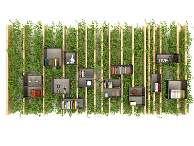 Living Plant Wall With Bookshelves Books Decorative Pieces And LOVE Sign 3d model
