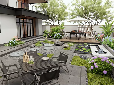 Beautiful Courtyard Garden With Outdoor Furniture Stone Pathway And Water Feature 3d model