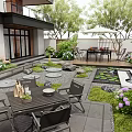 Beautiful Courtyard Garden With Outdoor Furniture Stone Pathway And Water Feature