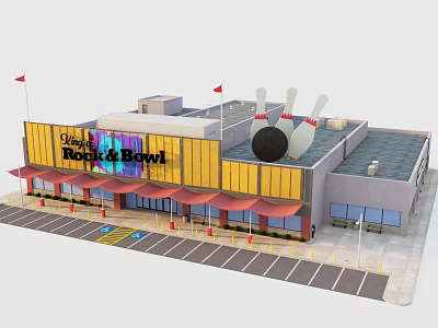 Black Rock & Bowl Building Exterior With Bowling Pins Ball Red Awnings And Parking Lot 3d model