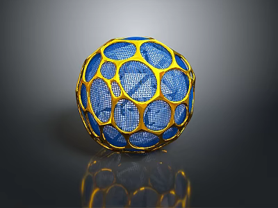 Golden Mesh Spherical Structure With Blue Interior And Reflective Surface 3d model