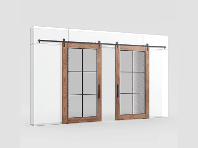 Sliding Barn Doors With Wooden Frame And Glass Panels On White Wall 3d model