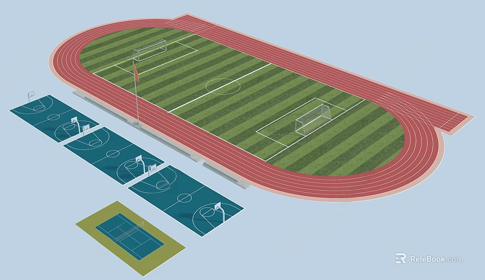 Track and Field Stadium With Soccer Field Basketball Courts And Tennis Court 3d model 