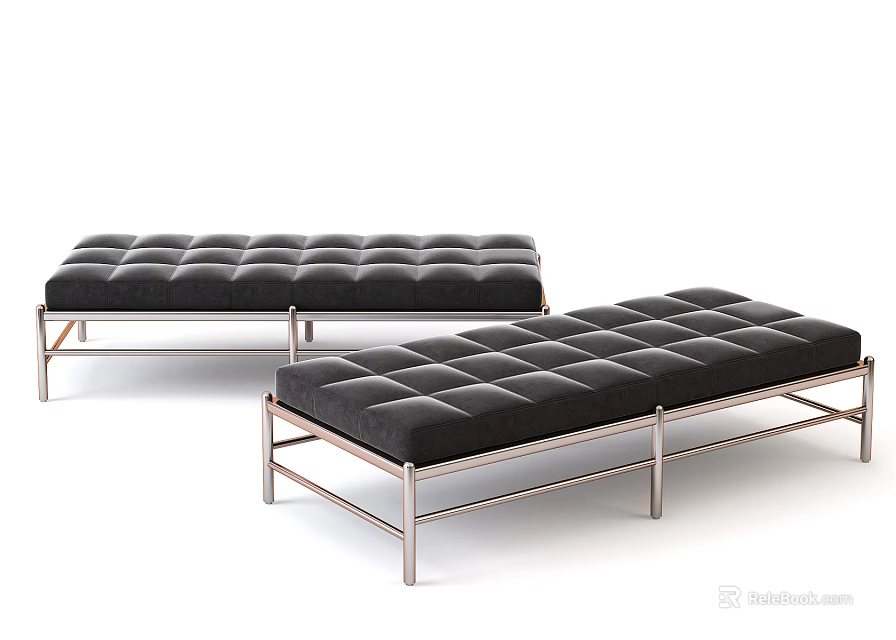 Two Modern Black Upholstered Sofa Benches With Metal Frame And Comfortable Cushions 3d model 