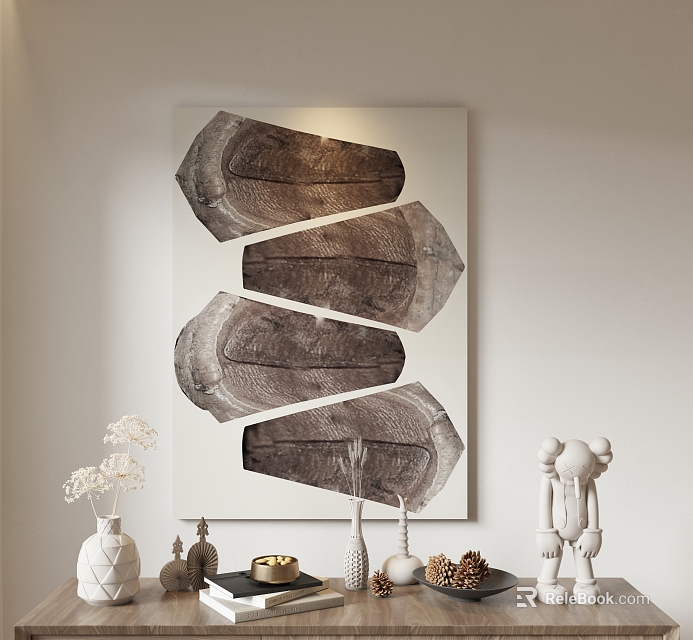 Decorative Ornament Set With Wood Slice Wall Art White Vase And Figurine Sculpture 3d model 