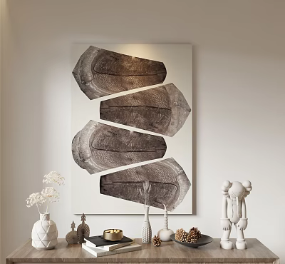 Decorative Ornament Set With Wood Slice Wall Art White Vase And Figurine Sculpture 3d model