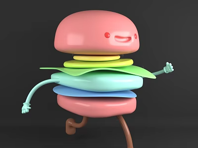 Cartoon Hamburger With Pink Bun Colorful Layers Arms Legs Smiling Face Running Pose 3d model