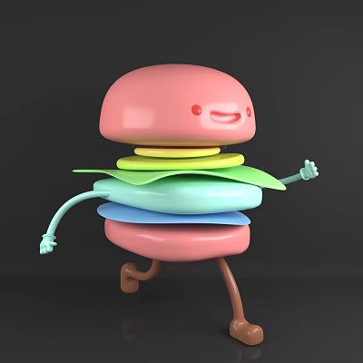 Cartoon Hamburger With Pink Bun Colorful Layers Arms Legs Smiling Face Running Pose 3d model