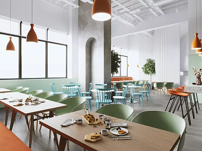 Modern Restaurant Interior With Green Chairs Wooden Tables And Orange Pendant Lights 3d model