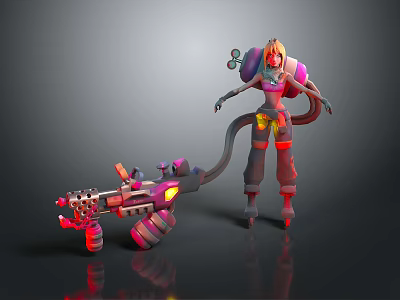 Cyberpunk Female Character With Pink Red Mechanical Creature And Gold Hair Features 3d model