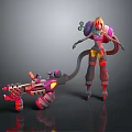 Cyberpunk Female Character With Pink Red Mechanical Creature And Gold Hair Features