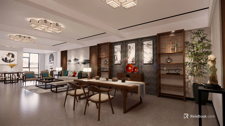 Chinese Style Clubhouse Interior Design With Wooden Table Chairs Paintings Ceiling Lamps And Plant 3d model 