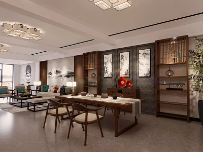 Chinese Style Clubhouse Interior Design With Wooden Table Chairs Paintings Ceiling Lamps And Plant 3d model