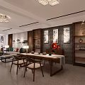 Chinese Style Clubhouse Interior Design With Wooden Table Chairs Paintings Ceiling Lamps And Plant