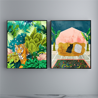 Modern Animal Painting Simple Green Restaurant Animal Cat Decorative Painting 3d model