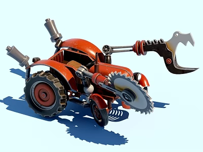 Red Modified Mechanical Vehicle With Large Wheels Chainsaw Claw And Industrial Design 3d model