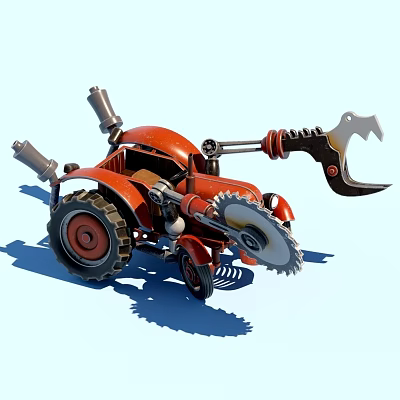 Red Modified Mechanical Vehicle With Large Wheels Chainsaw Claw And Industrial Design 3d model