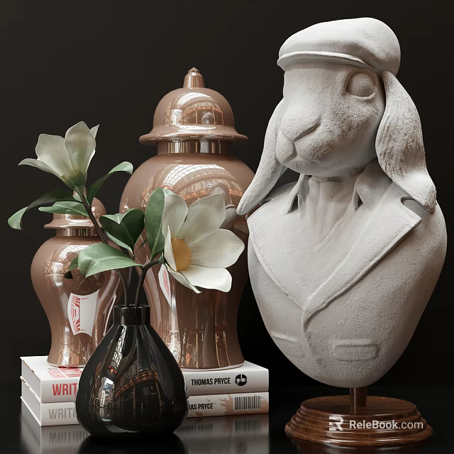 Elegant Decorative Ornament Set With Rabbit Bust Brown Vases White Flower And Books 3d model 