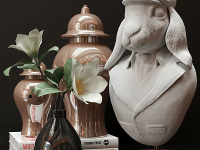 Elegant Decorative Ornament Set With Rabbit Bust Brown Vases White Flower And Books 3d model