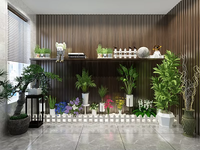 Indoor Bonsai and Potted Plants with Wooden Wall Marble Floor White Fence Shelves Decorative Items 3d model