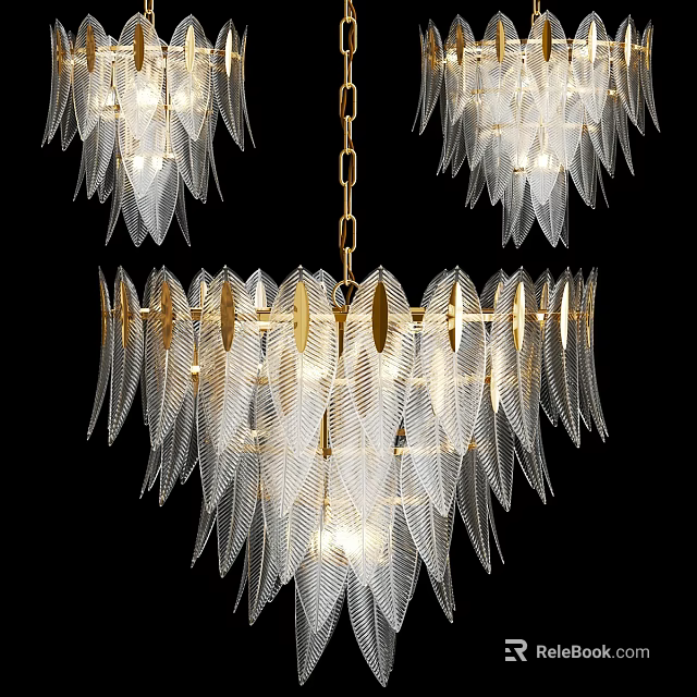 Elegant Modern Feather Shaped Glass Chandelier With Gold Metal Frame Design 3d model 