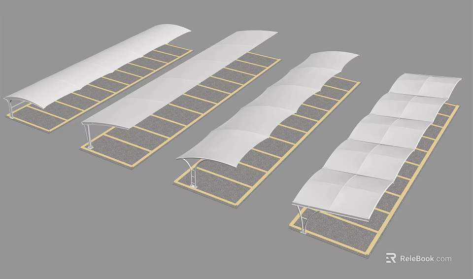 Multiple White Canopies Neatly Arranged With Yellow Framed Base Structures 3d model