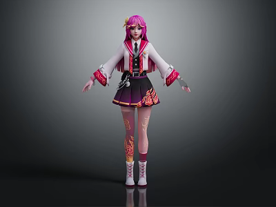 Anime Style Character With Pink Hair And Mythical Creature Inspired Tattoos In White Outfit 3d model
