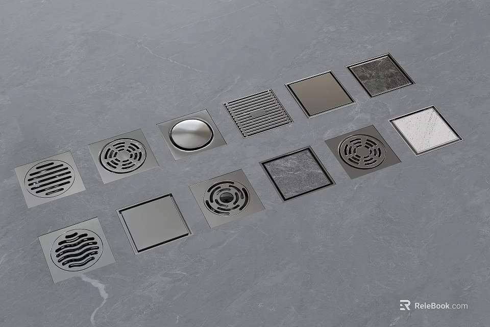 Various Designed Floor Drains With Multiple Shapes And Grate Patterns In Metal Finish 3d model 